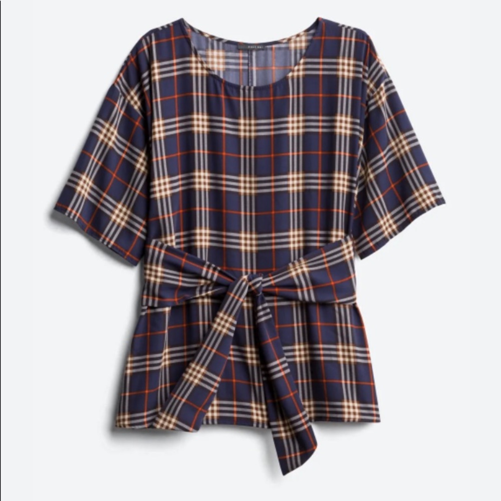 West Kei, Plaid, Tie Front Blouse, 2X
